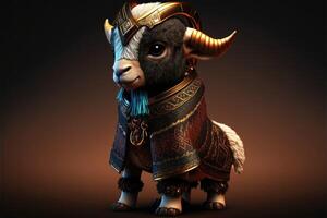 Cute goat in warrior mascot costume on black background. 12 Chinese zodiac signs horoscope concept. photo