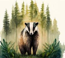 Cute badger standing in the middle of the forest. Watercolor painting. photo