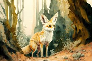Cute fennec fox in the middle of the forest. Watercolor painting. photo