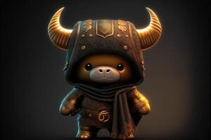 Cute ox in warrior mascot costume on black background. 12 Chinese zodiac signs horoscope concept. photo