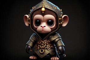 Cute monkey in warrior mascot costume on black background. 12 Chinese zodiac signs horoscope concept photo