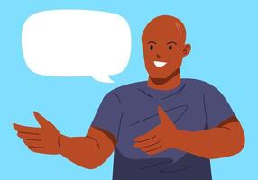 african american bald man is explaining with blank speech bubble, talking. hand gesture poses. concept of presentation, communication, speaking. flat vector illustration.