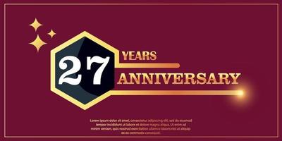 27th anniversary gold color logotype style with hexagon shape with white color number font on red background vector illustration