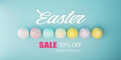 Easter sale banner design. Easter sale text up to 50percent off promotion with 3d realistic eggs for seasonal shop discount advertisement. 3d rendering. photo