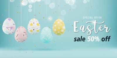 Easter sale banner design. Easter sale text up to 50percent off promotion with 3d realistic eggs for seasonal shop discount advertisement. 3d rendering. photo