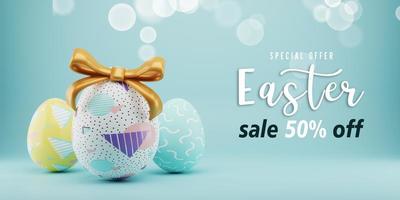 Easter sale banner design. Easter sale text up to 50percent off promotion with 3d realistic eggs for seasonal shop discount advertisement. 3d rendering. photo