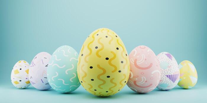 Easter colorful decorated eggs stand in a row on blue background. Minimal easter concept. Happy Easter card with copy space for text. 3d rendering. photo