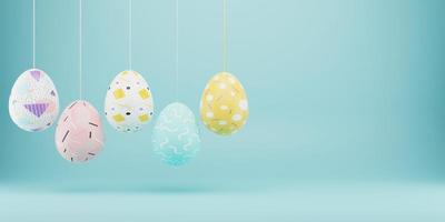 Easter colorful decorated eggs hanging on blue background. Minimal easter concept. Happy Easter card with copy space for text. 3d rendering. photo