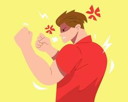 male character clenching fist. fighting pose muscle man side view. yellow background. concept of fighting, angry, annoyed, etc. flat vector illustration.