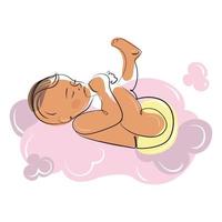 Little baby infant in a diaper plays on a cloud Line art modern style vector illustration isolated on white background.Cute Baby Logo design,emblem,print,baner design template