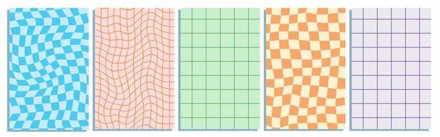 Collection of five vertical y2k retro backgrounds with chessboard and grids. vector