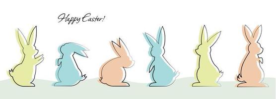 Easter holiday banner with colored rabbits in a line art and text, invitation, greeting card, panoramic banner. vector