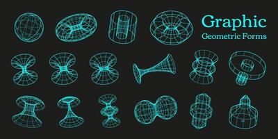 Collection of vector Y2K retro elements, geometric forms in wireframe view.