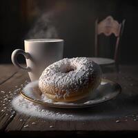 sugar powder donut and coffe photo