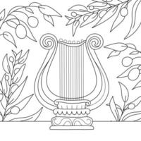 Ancient Greece Coloring page. Hand illustrations, plaster antique statues, harp or lyre. Drawings for poster. Beautiful drawing with patterns and small details. Retro Coloring book picture vector