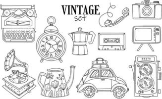 Coloring page. Hand drawn vintage objects collection. Retro style set. Movie camera, typewriter, gramophone, camera, hours, coffee percolator, telephone, tv. Vintage illustration in linear style vector