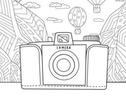 Coloring page for kids and adults. Hand drawn vintage objects collection. Photo camera and wild nature, sun, sea view. Beautiful drawing with patterns and small details. Coloring book picture vector