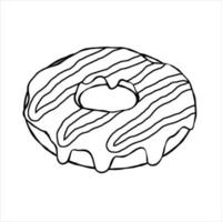 Donut with glaze. Sweet sugar dessert with icing. Outline cartoon illustration isolated on white background vector