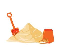 Orange bucket and scoop with pile of sand. Children play on beach. Shovel of kids. Summer holiday. Recreation and entertainment. Cartoon flat illustration vector