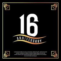 16 year anniversary logo design white golden abstract on black background with golden frame template illustration vector