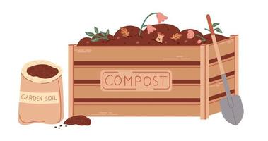 Compost box flat illustration with showel and soil bag isolated on white background. Homemade compost with woody stems, leaves and grass. Biodegradable garbage used for fertilizer. vector