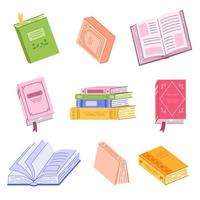 Group of educational literature, books lying in various positions, standing on shelves, open, closed. Hand drown vector elements isolated on white background.