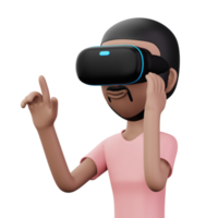 gelukkig Mens gebruik makend van virtueel realiteit koptelefoon, schattig tekenfilm karakter met vr, 3d renderen png