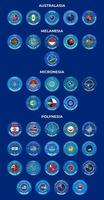 Set of vector illustrations of the flags of the countries of Australia and Oceania in the form of a wind rose. Groups of Australasia, Micronesia, Melanesia and Polynesia.