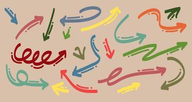 Various Doodle Arrows colorful with direction pointers Shapes and Objects. hand drawn vector illustration