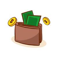 Wallet with money and falling gold coins. Business Finance Concept Design. Isolated white background. Hand drawn flat cartoon style. Vector art illustration