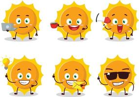 Sun cartoon character with various types of business emoticons vector