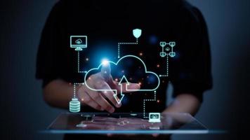 Cloud computing concept.Virtual cloud computing with world and technology items such as upload download. Cloud technology management big data includes business strategy and customer. photo