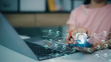Technology and people concept women use AI to help work, AI Learning and Artificial Intelligence Concept. Futuristic technology transformation. photo