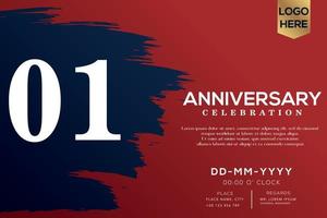 01 years anniversary celebration vector with blue brush isolated on red background with text template design