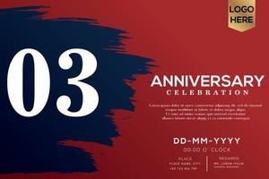 03 years anniversary celebration vector with blue brush isolated on red background with text template design