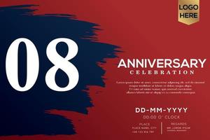 08 years anniversary celebration vector with blue brush isolated on red background with text template design