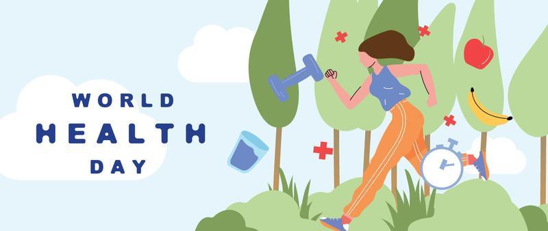 World health day concept, 7 April, background vector. Hand drawn doodle style of woman working out, exercise, run, tree, healthy element texture. Design for web, banner, campaign, social media post.
