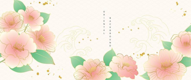 Luxury oriental flower background vector. Elegant pink peony flowers golden line art with oriental wave line pattern and gold brush ink drop texture. Design for decor, wallpaper, poster, banner, card.