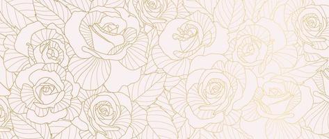 Luxury golden rose flower line art background vector. Natural botanical elegant flower with gold line art. Design illustration for decoration, wall decor, wallpaper, cover, banner, poster, card. vector