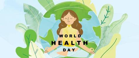 World health day concept, 7 April, background vector. Watercolor doodle style of hand drawn woman with meditation, globe shape and leaf texture. Design for web, banner, campaign, social media post. vector