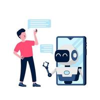 human interaction with robot on smartphone or chatbot artificial intelligence chatting with ai for answer of question flat illustration vector