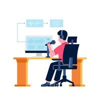 man sit working on desk for speech audio recognition translation to text artificial technology flat illustration vector