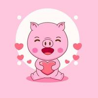 cute pig hugging love character cartoon illustration vector