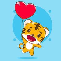 dibujos animados ilustración de linda Tigre personaje flotante con corazón globo vector