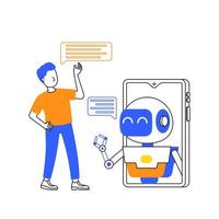 humano Interacción con robot en teléfono inteligente o chatbot artificial inteligencia chateando con ai para responder de pregunta dúo tono ilustración vector