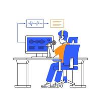 hombre sentar trabajando en escritorio para habla audio reconocimiento Traducción a texto artificial tecnología dúo tono ilustración vector
