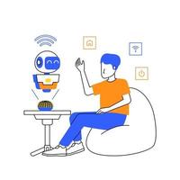 hombre sentar a frijol bolso voz mando a robot artificial inteligencia para inteligente hogar iot futuro tecnología dúo tono ilustración vector