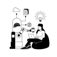 woman sit from bean bag working with robotic artificial intelligence help to get idea inspiration creativity black illustration vector