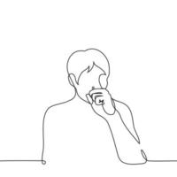 man put his fist to his mouth - one line drawing vector. concept covering  mouth when laughing or coughing vector