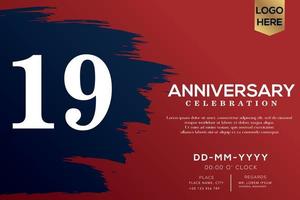 19 years anniversary celebration vector with blue brush isolated on red background with text template design